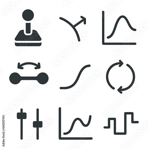 Modern Action Icons. Flat icon set of continuous action spaces: joystick icon, angle vector, force curve,