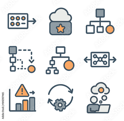 Reinforcement Learning Icons. Flat icon set of model-based reinforcement learning: transition model, state
