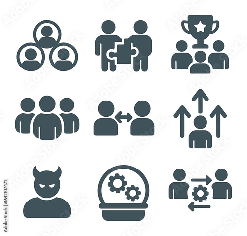Multi-Agent Learning Icons. Flat icon set of multi-agent reinforcement learning: agent group, cooperative task