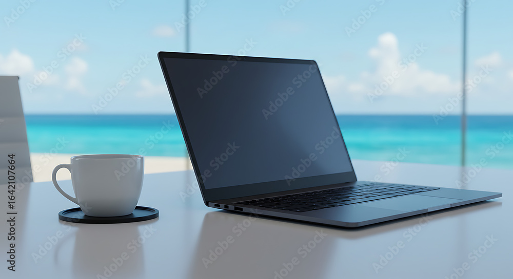Fototapeta premium The ultimate work-from-anywhere dream is realized in this stunning scene, featuring a sleek, modern laptop with a blank screen, perfect for mockups, placed on a clean white desk.