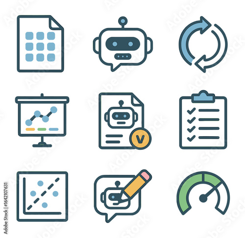 Chatbot Icon Collection. Flat icon set of chatbot training and testing: dataset file, test message, feedback
