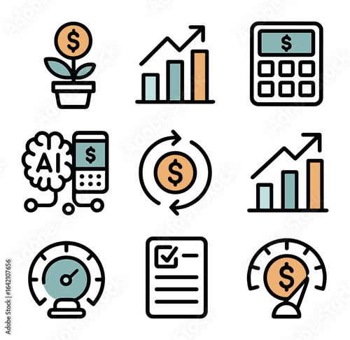 AI Marketing ROI Icons. Flat icon set of AI marketing ROI analysis: investment icon, return bar, cost tracker,