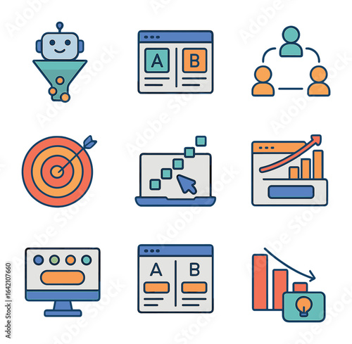 AI Conversion Icons. Flat icon set of AI conversion optimization: funnel bot, A/B page, user action flow,