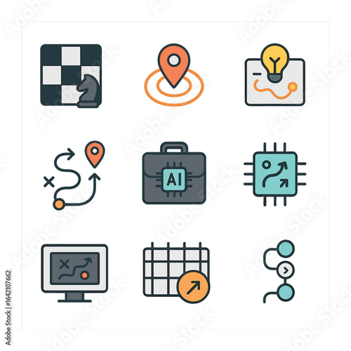 AI Marketing Icons. Flat icon set of AI-driven marketing strategy: chessboard icon, goal marker, smart plan,