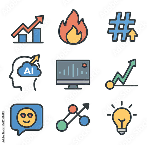 Marketing Trends Icons. Flat icon set of marketing trends with AI: trend arrow, hot topic, trending hashtag,