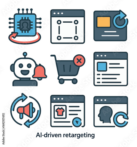 AI Retargeting Icons. Flat icon set of AI-driven retargeting: retargeting icon, web pixel, ad loop, reminder