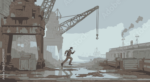 Cinematic noir illustration of a man running through a desolate industrial harbor.