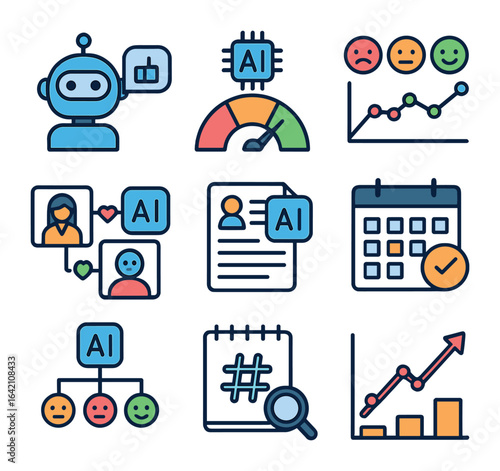 AI in Social Media. Flat icon set of AI in social media marketing: social bot, engagement meter, sentiment