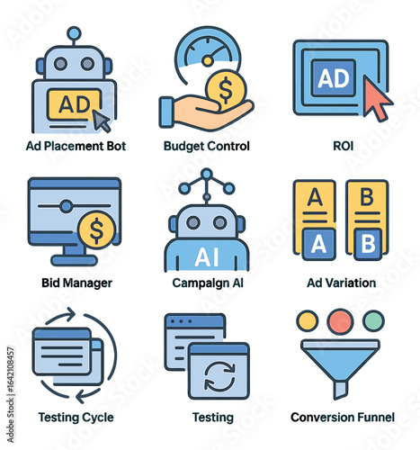 AI Ad Optimization Icons. Flat icon set of AI ad optimization: ad placement bot, budget control, click-through