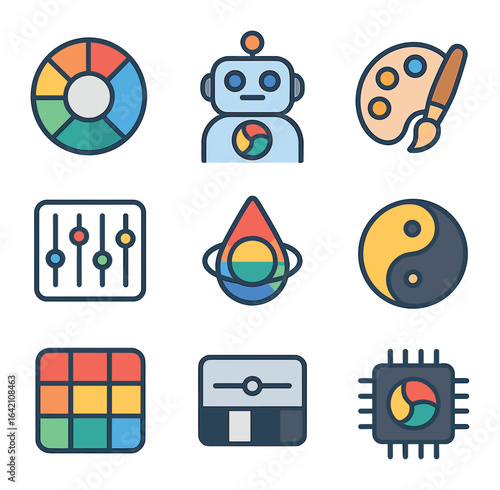 Color AI Icon Set. Flat icon set of AI color harmonization: harmony wheel, color match bot, palette picker,