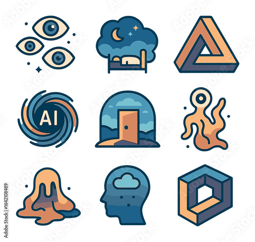 Surreal Icon Grid. Flat icon set of AI-generated surrealism: floating eyes, dream scene, impossible object, AI