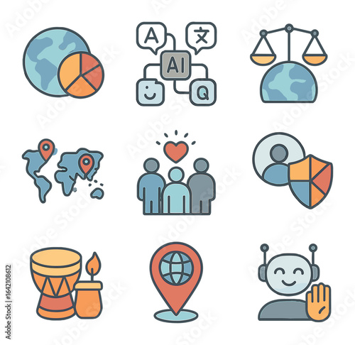 Cultural AI Icons. Flat icon set of cultural context in AI: culture globe, language model, regional ethics,