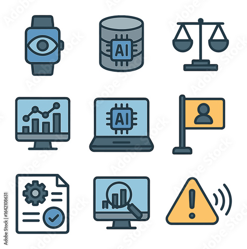 AI Monitoring Icons. Flat icon set of AI monitoring systems: surveillance watch, AI logger, ethics dashboard,