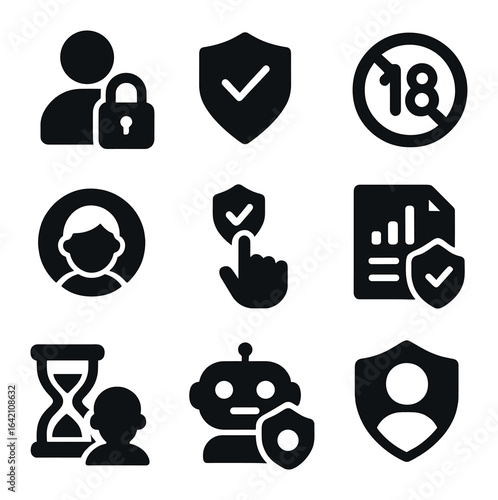 Child Safety Icons. Flat icon set of child safety in AI: parental lock, content filter, age gate, child