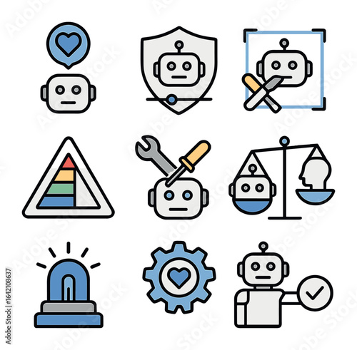 AI Ethics Icon Set. Flat icon set of AI ethics in robotics: robot conscience, ethical limiter, task boundaries