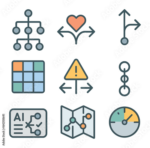 Autonomous Decision Icons. Flat icon set of autonomous decision ethics: decision tree, moral node, path