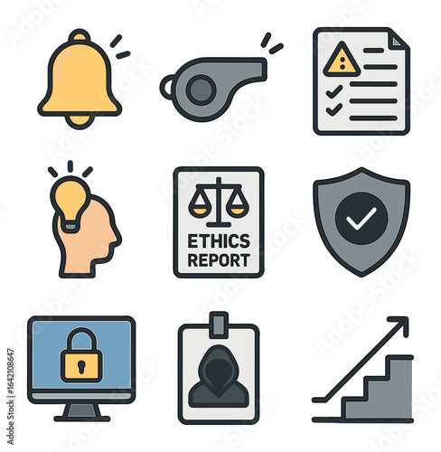 AI Whistleblowing Icons. Flat icon set of AI whistleblowing: alert bell, whistle icon, report form, internal