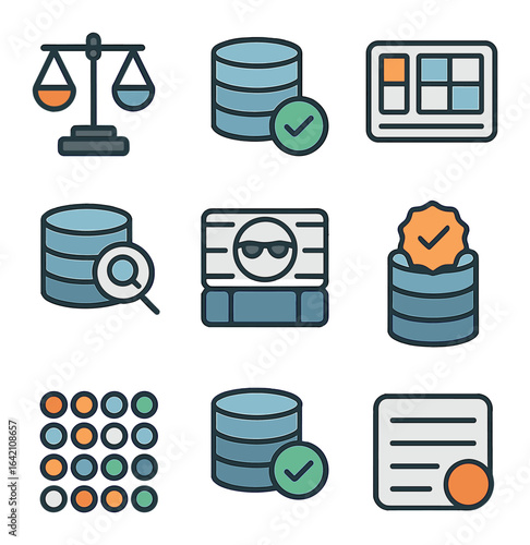 Ethical AI Icons Grid. Flat icon set of ethical AI datasets: balanced data, verified source, curated set,