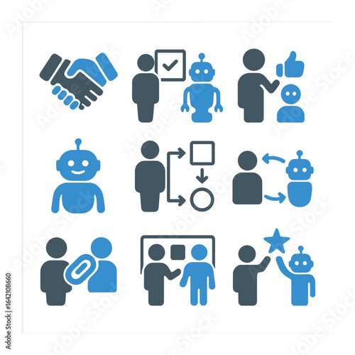 Human-AI Icon Set. Flat icon set of human-AI collaboration: handshake icon, shared task, human feedback,