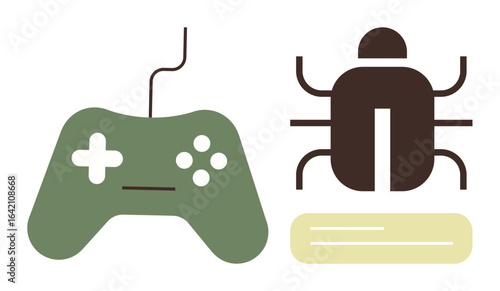 Green game controller beside brown bug icon with yellow platform, symbolizing gaming issues and debugging. Ideal for gaming industry, testing, programming, software, troubleshooting, bugs