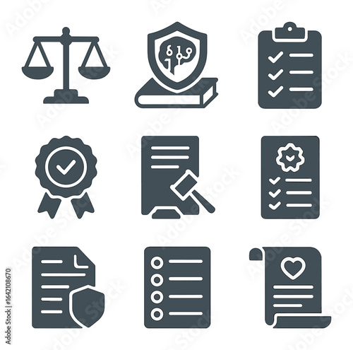 AI Regulation Icon Set. Flat icon set of AI regulation: legal scale, AI law, compliance form, certified badge,