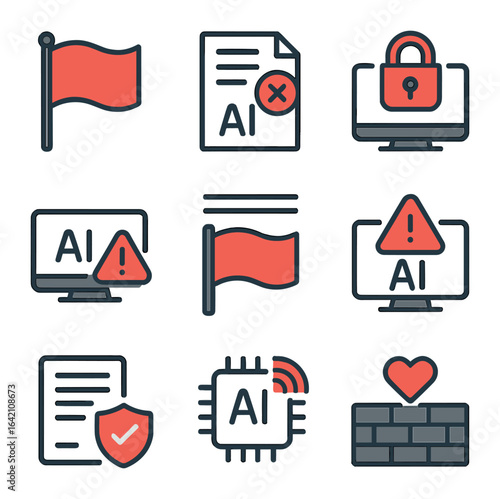 AI Safety Icons. Flat icon set of AI misuse prevention: red flag icon, misuse report, restriction lock, misuse