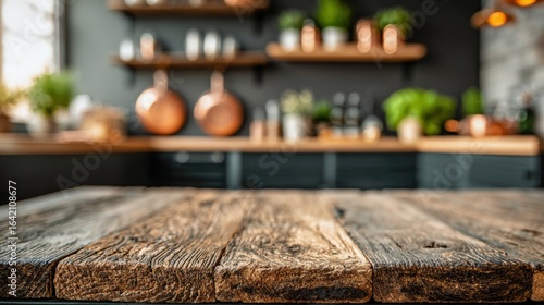 Rustic Kitchen Tabletop Display: Wooden Surface with Blurred Background for Product Mockups and Presentations