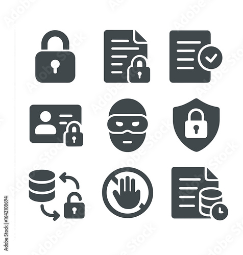 AI Data Privacy Icons. Flat icon set of data privacy in AI: lock symbol, encrypted file, consent form, access