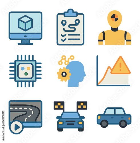 Simulation Testing Icons. Flat icon set of simulation and testing: simulation software, test scenario, crash