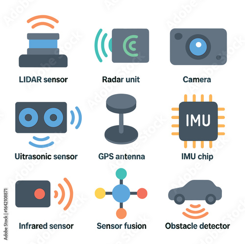 Autonomous Vehicle Sensors Icons. Flat icon set of autonomous vehicle sensors: lidar sensor, radar unit,