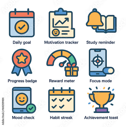 Study Motivation Icons. Flat icon set of study motivation AI: daily goal, motivation tracker, study reminder,