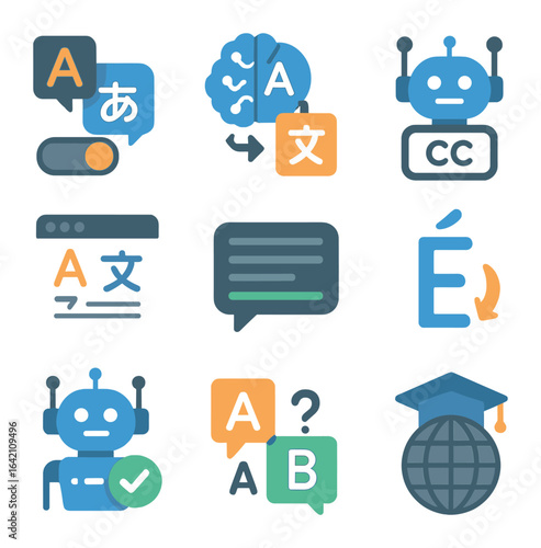 Multilingual AI Icons. Flat icon set of multilingual AI in learning: language toggle, translation icon,