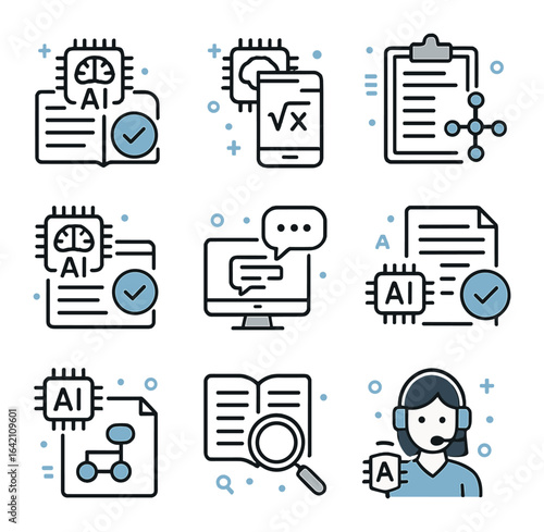 AI Homework Helper Icons. Flat icon set of AI in homework help: instant solver, math scanner, solution steps,