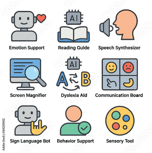 AI Special Education Icons. Flat icon set of AI in special education: emotion support, reading guide, speech