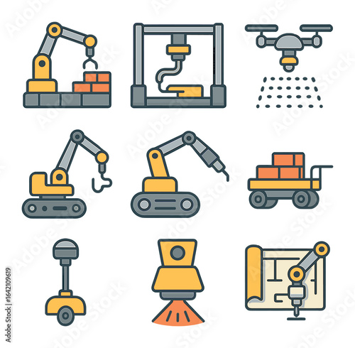 Construction Robotics Icons. Flat icon set of robotics in construction: bricklaying robot, concrete printer,