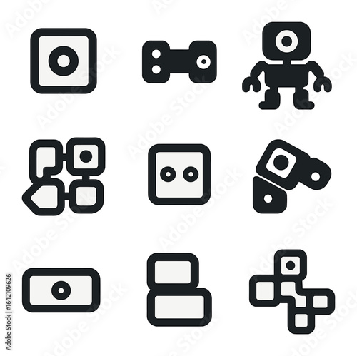 Modular Robot Icons. Flat icon set of modular robots: modular unit, connector joint, customizable bot,