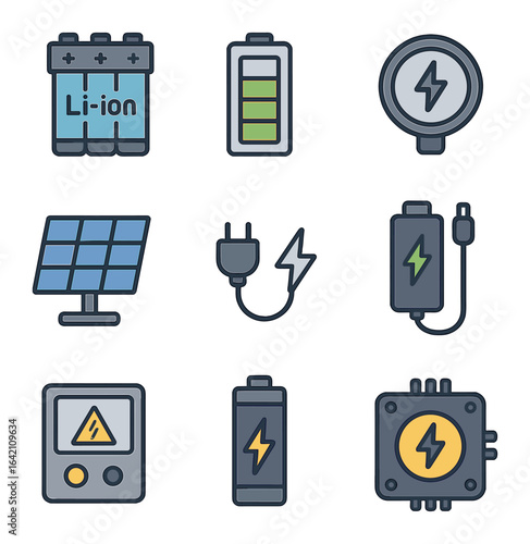 Robot Battery Icons. Flat icon set of robot batteries and power: Li-ion pack, battery meter, charging port,