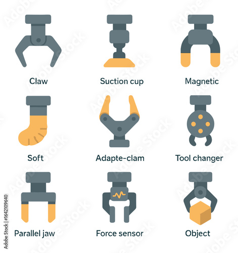 Robotic Gripper Icons. Flat icon set of robotic grippers: claw gripper, suction cup, magnetic tool, soft