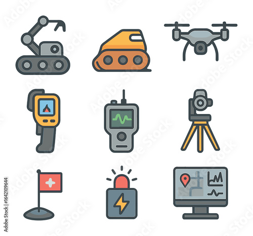 Robotic Disaster Response Icons. Flat icon set of robotics for disaster response: search robot, rubble crawler