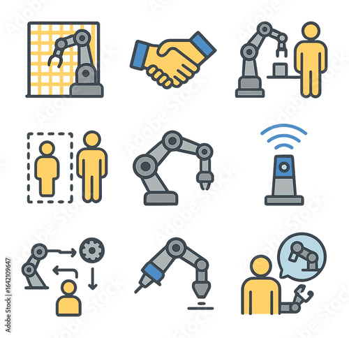Cobots Icon Set. Flat icon set of collaborative robots (cobots): safety fence, human-robot handshake, task