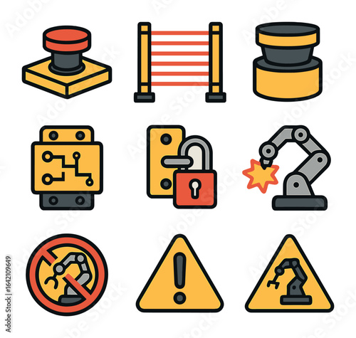 Robotics Safety Icons. Flat icon set of robotics safety systems: emergency stop, light curtain, safety scanner