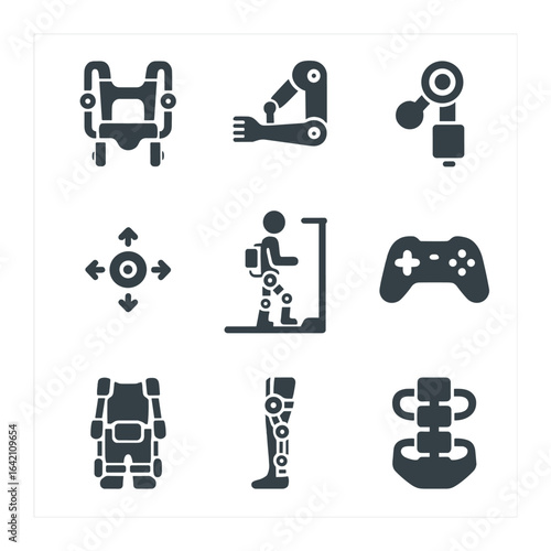 Exoskeleton Robot Icons. Flat icon set of exoskeleton robots: wearable frame, powered limb, joint motor, force