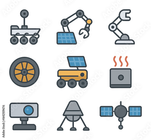 Space Robotics Icons. Flat icon set of space robotics: Mars rover, robotic satellite arm, space manipulator,