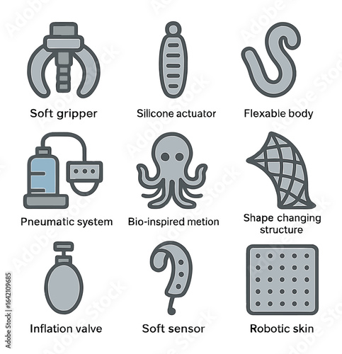 Soft Robotics Icons. Flat icon set of soft robotics: soft gripper, silicone actuator, flexible body, pneumatic