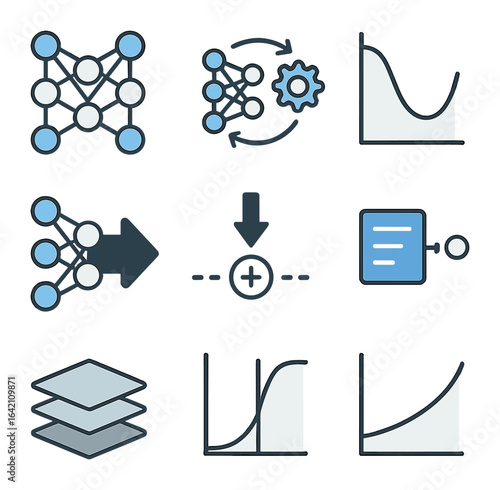 Deep Learning Icons. Flat icon set of deep learning basics: neural network, training process, loss function,