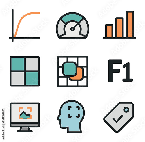 Computer Vision Evaluation Icons. Flat icon set of computer vision model evaluation: accuracy curve, precision