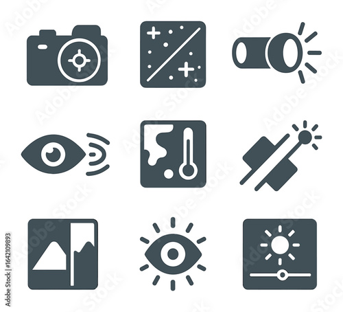 Low-Light Vision Icons. Flat icon set of low-light vision: night camera, noise reduction, light amplifier, IR