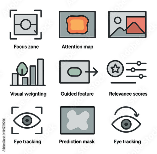 Saliency Detection Icons. Flat icon set of saliency detection: focus zone, attention map, highlighted region,