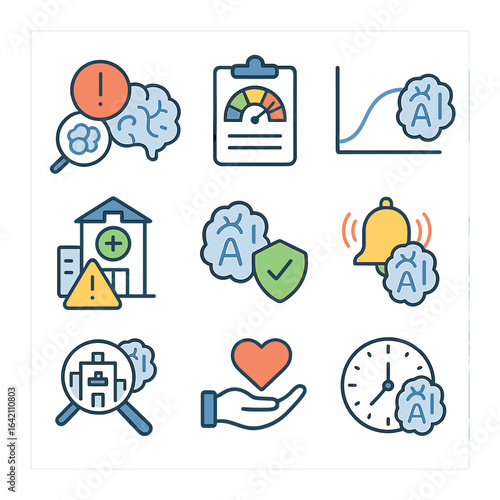 Predictive Healthcare Icons. Flat icon set of predictive healthcare AI: early disease signal, risk score,