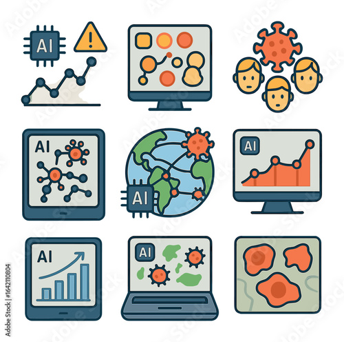 AI Epidemic Icons. Flat icon set of AI in epidemiology: outbreak predictor, heatmap visualization, symptom
